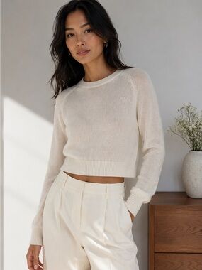 360Cashmere 100% Cashmere Cropped Sweater Ivory Semi Sheer Size Small
